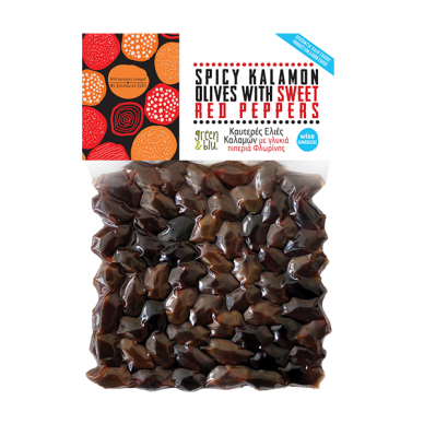 KALAMON OLIVES SPICY WITH SWEET RED PAPERS "GREEN & BLU" 200 G VACUMM